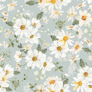 10"  Daisy Bouquets and spreading daisies  Watercolor Floral / Daisies dove grey Fabric