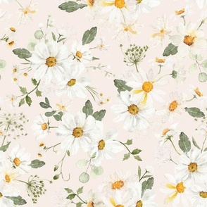 10"  Daisy Bouquets and spreading daisies  Watercolor Floral / Daisies blush powder Fabric