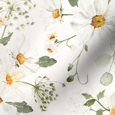 18"  Daisy Bouquets and spreading daisies  Watercolor Floral / Daisies off white Fabric