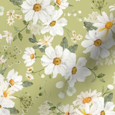 10"  Daisy Bouquets and spreading daisies  Watercolor Floral / Daisies apple green Fabric
