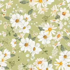 10"  Daisy Bouquets and spreading daisies  Watercolor Floral / Daisies apple green Fabric