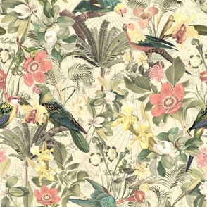 21" Large Home decor Vintage Nostalgic Tropical Birds Parrots Jungle Sepia - tropical fabric 