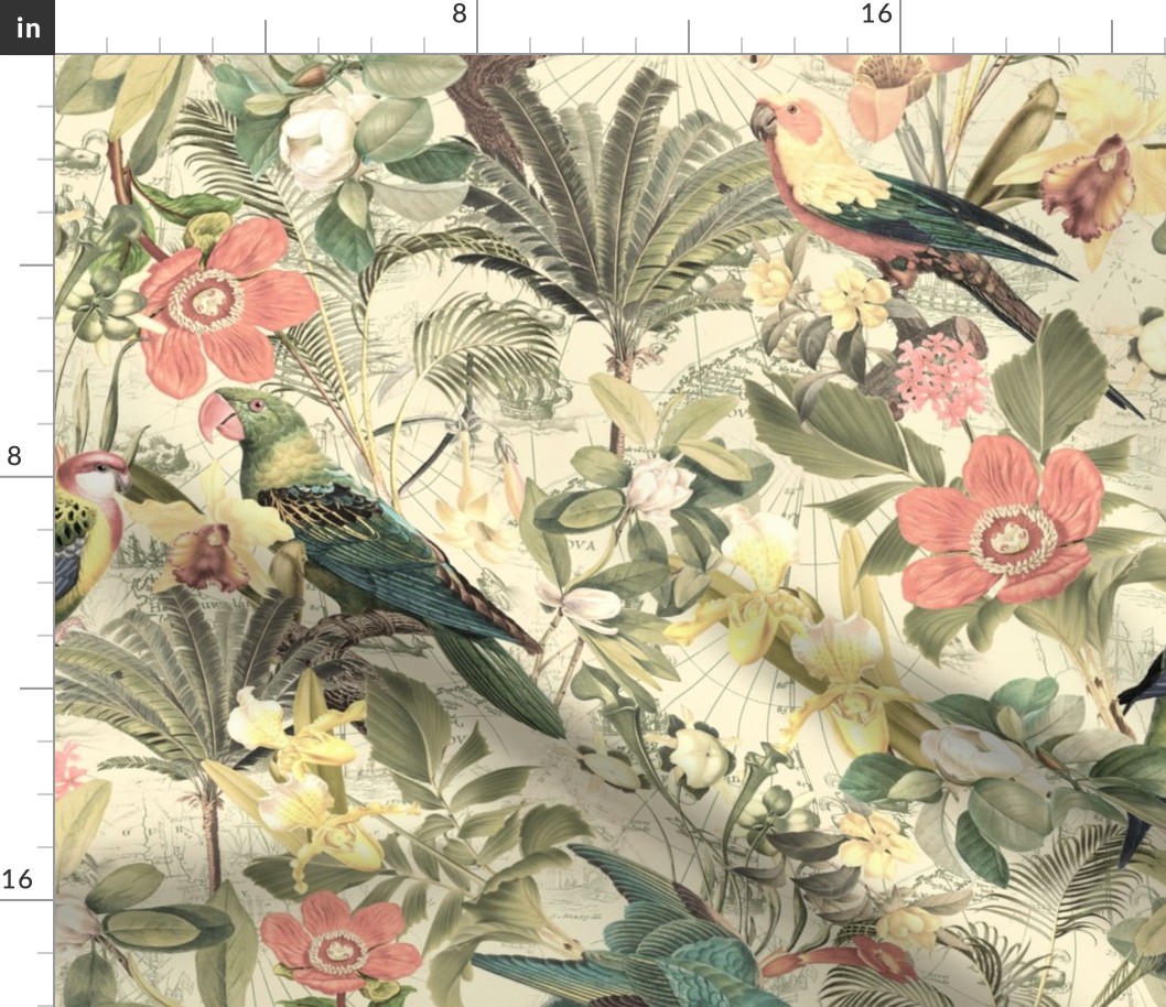 21" Large Home decor Vintage Nostalgic Tropical Birds Parrots Jungle Sepia - tropical fabric 