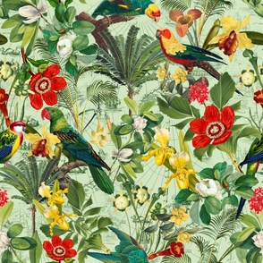 21" Large Home decor Vintage Nostalgic Tropical Birds Parrots Jungle Green - tropical fabric 