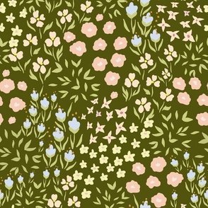10" Cute Hand drawn Klimt Style Flower Garden Meadow - flower meadow, flower fabric, retro flowers, - green