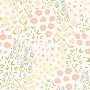 10" Cute Hand drawn Klimt Style Flower Garden Meadow - flower meadow, flower fabric, retro flowers, - white