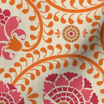 swirling fantasy floral-non directional-orange and pink- medium scale