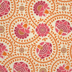 swirling fantasy floral-non directional-orange and pink- medium scale