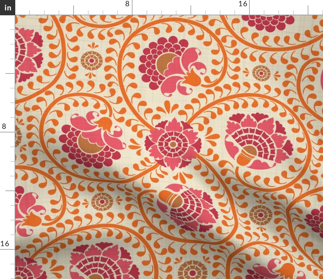 swirling fantasy floral-non directional-orange and pink- medium scale