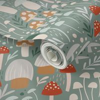 Woodland Mushroom Meadow - sage green - medium scale