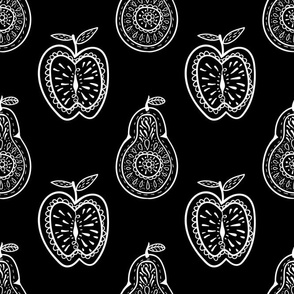 Large Scale Pear and Apple Fruit Doodles White on Black