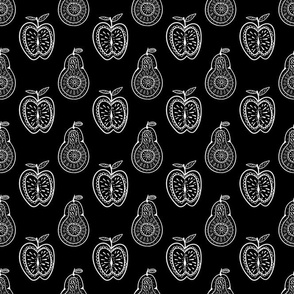 Medium Scale Pear and Apple Fruit Doodles White on Black