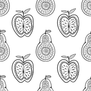 Large Scale Pear and Apple Fruit Doodles Black on White