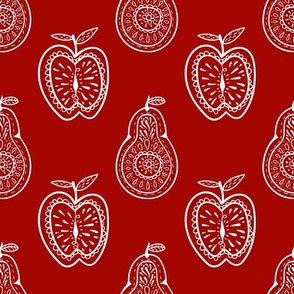 Large Scale Pear and Apple Fruit Doodles White on Red