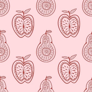 Large Scale Pear and Apple Fruit Doodles Red on Pink