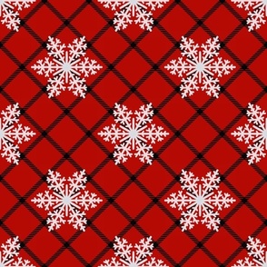 Large Scale Snowy Winter Diagonal Checker Plaid - Red and Black