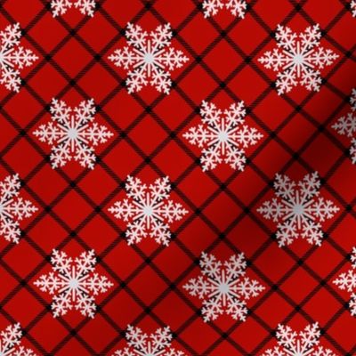 Medium Scale Snowy Winter Diagonal Checker Plaid - Red and Black