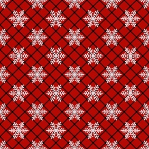 Medium Scale Snowy Winter Diagonal Checker Plaid - Red and Black