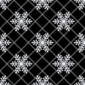 Large Scale Snowy Winter Diagonal Checker Plaid - White and Black