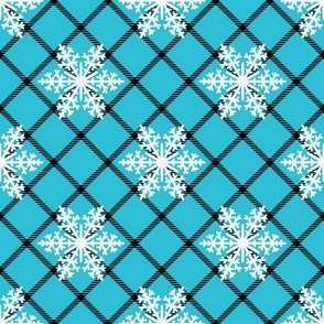 Large Scale Snowy Winter Diagonal Checker Plaid - Bright Turquoise Blue White and Black
