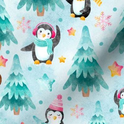 Large Scale Playful Snowy Penguins Winter Trees and Snowflakes