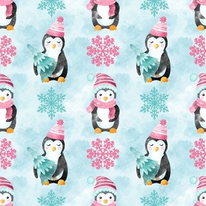 Large Scale Playful Snowy Penguins with Pink and Aqua Snowflakes