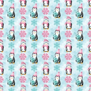 Medium Scale Playful Snowy Penguins with Pink and Aqua Snowflakes