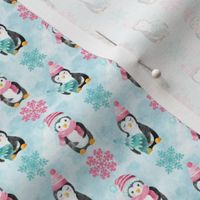 Small Scale Playful Snowy Penguins with Pink and Aqua Snowflakes