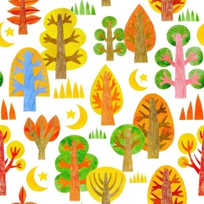 Large Scale Colorful Forest Trees on White