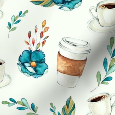 Large Scale Coffee Break Floral Turquoise Blue Watercolor Flower