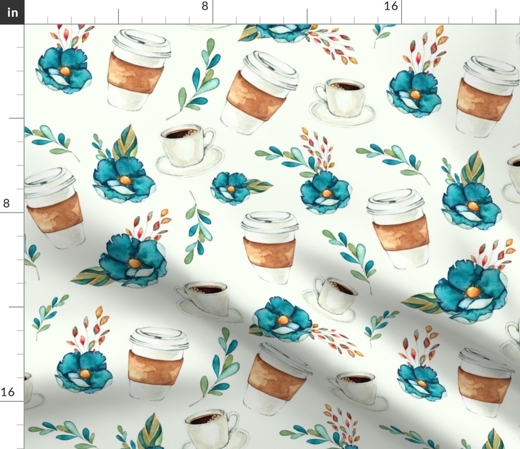 Large Scale Coffee Break Floral Turquoise Blue Watercolor Flower