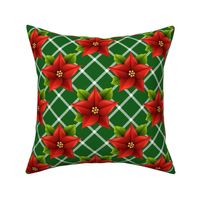 Bigger Scale Red Christmas Holiday Poinsettias on Green Diagonal Plaid Checker