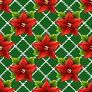 Bigger Scale Red Christmas Holiday Poinsettias on Green Diagonal Plaid Checker