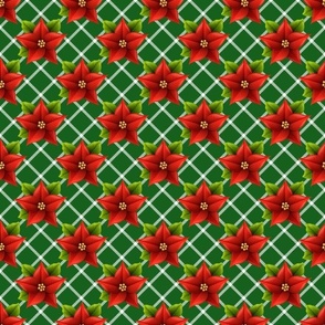 Smaller Scale Red Christmas Holiday Poinsettias on Green Diagonal Plaid Checker