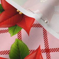 Bigger Scale Red Christmas Holiday Poinsettias on Pink Diagonal Plaid Checker