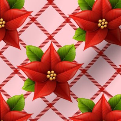 Bigger Scale Red Christmas Holiday Poinsettias on Pink Diagonal Plaid Checker