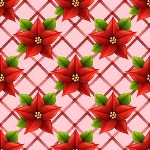 Bigger Scale Red Christmas Holiday Poinsettias on Pink Diagonal Plaid Checker