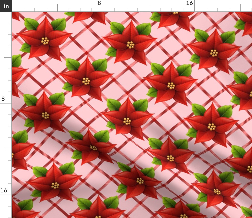 Bigger Scale Red Christmas Holiday Poinsettias on Pink Diagonal Plaid Checker