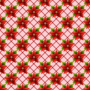 Smaller Scale Red Christmas Holiday Poinsettias on Pink Diagonal Plaid Checker