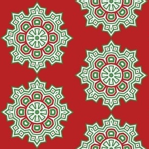 Medallion snowflake green white on red