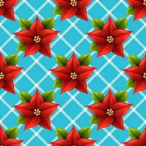 Bigger Scale Red Christmas Holiday Poinsettias on Bright Mystic Blue Diagonal Plaid Checker