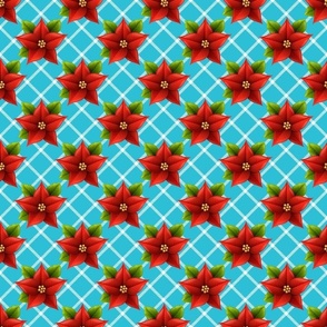 Smaller Scale Red Christmas Holiday Poinsettias on Bright Mystic Blue Diagonal Plaid Checker