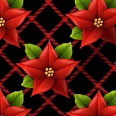 Bigger Scale Red Christmas Holiday Poinsettias on Black Diagonal Plaid Checker