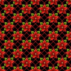 Smaller Scale Red Christmas Holiday Poinsettias on Black Diagonal Plaid Checker
