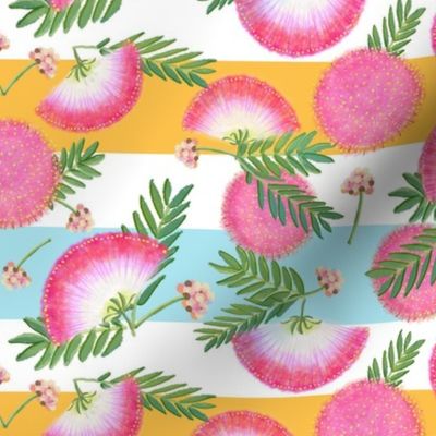 Pink Mimosa Scattered Floral on Aqua, White & Orange Stripes