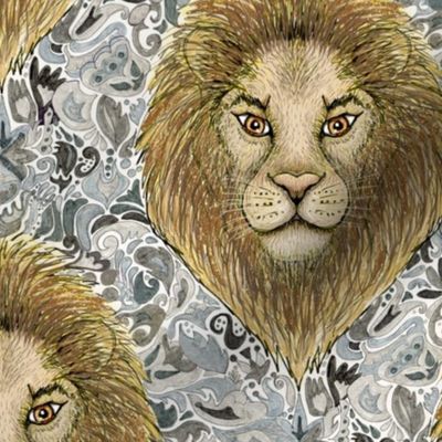 Leo African lion big cats neutral wallpaper,  jumbo large scale, yellow brown gray grey taupe beige gold tan rust natural orange 