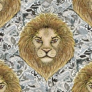 Leo African lion big cats neutral wallpaper,  medium large scale, yellow brown gray grey taupe beige gold tan rust natural orange 