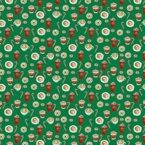 SMALL - watercolor peppermint latte, coffee and donuts, christmas, xmas, holiday fabric, candy cane - white