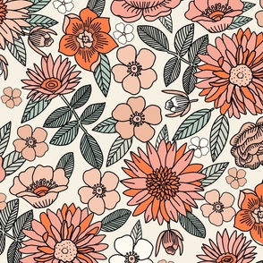 JUMBO LARGE Happy Flowers fabric - 70s flowers, seventies floral, floral, retro floral, 60s flower fabric, 70s flower fabric, retro flowers fabric - spring