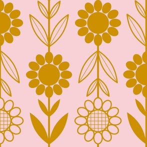 joyful Daisies - Scandinavian, folk art, mustard, cotton candy, light pink 